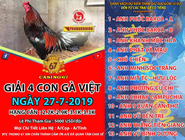 danh sách tham dự giải 4 con gà Việt 27/7/2019